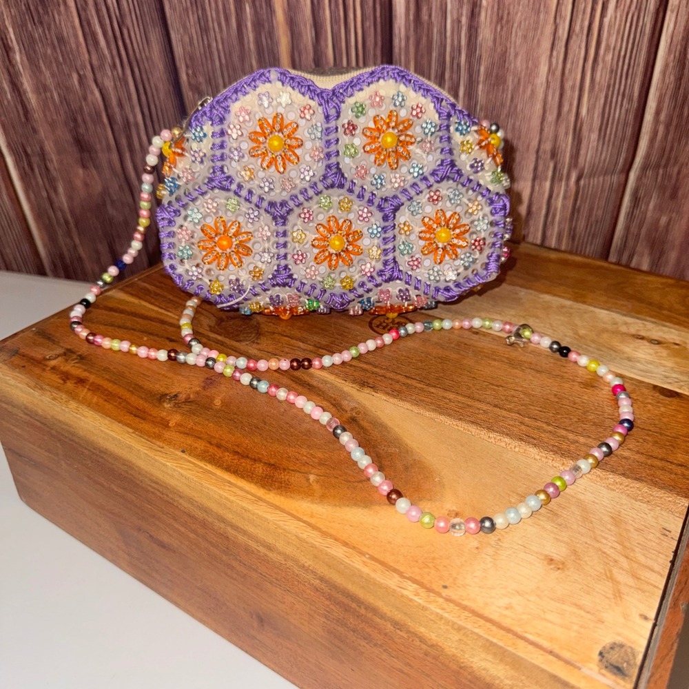 Beaded Floral Crossbody Bag Small Purple White Orange Daisy Rhinestone Boho